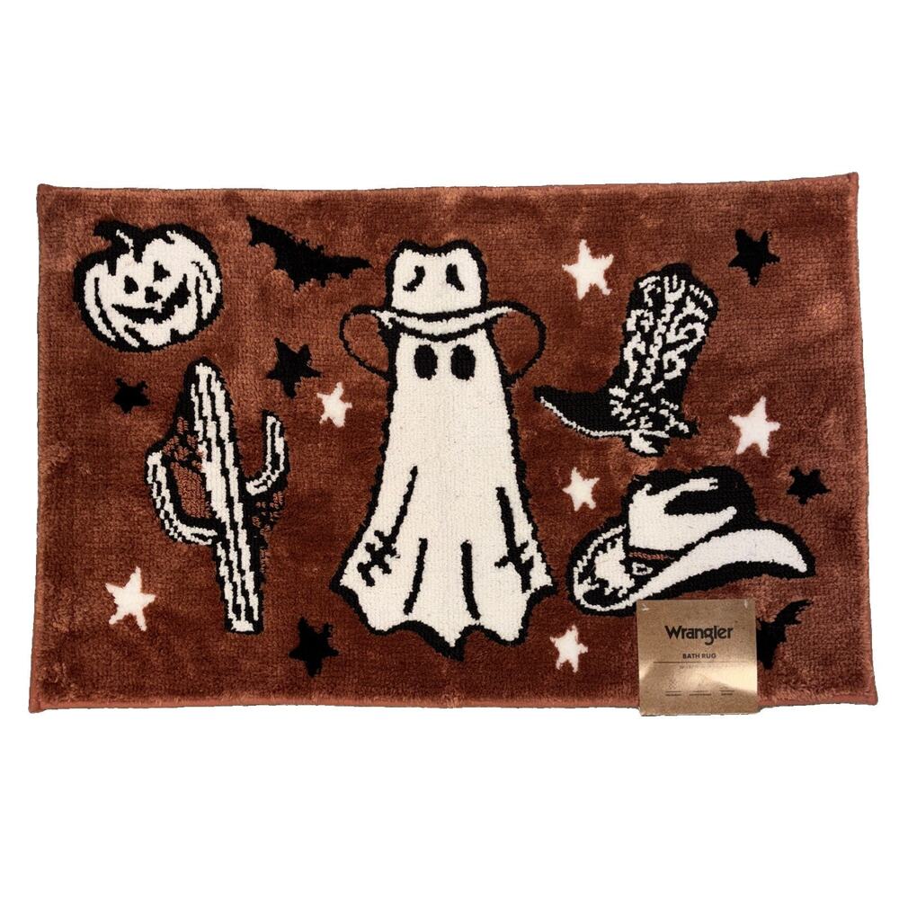 Wrangler Western Halloween Bath Rug 20x32 Cowboy Ghost Pumpkin Brown Washable